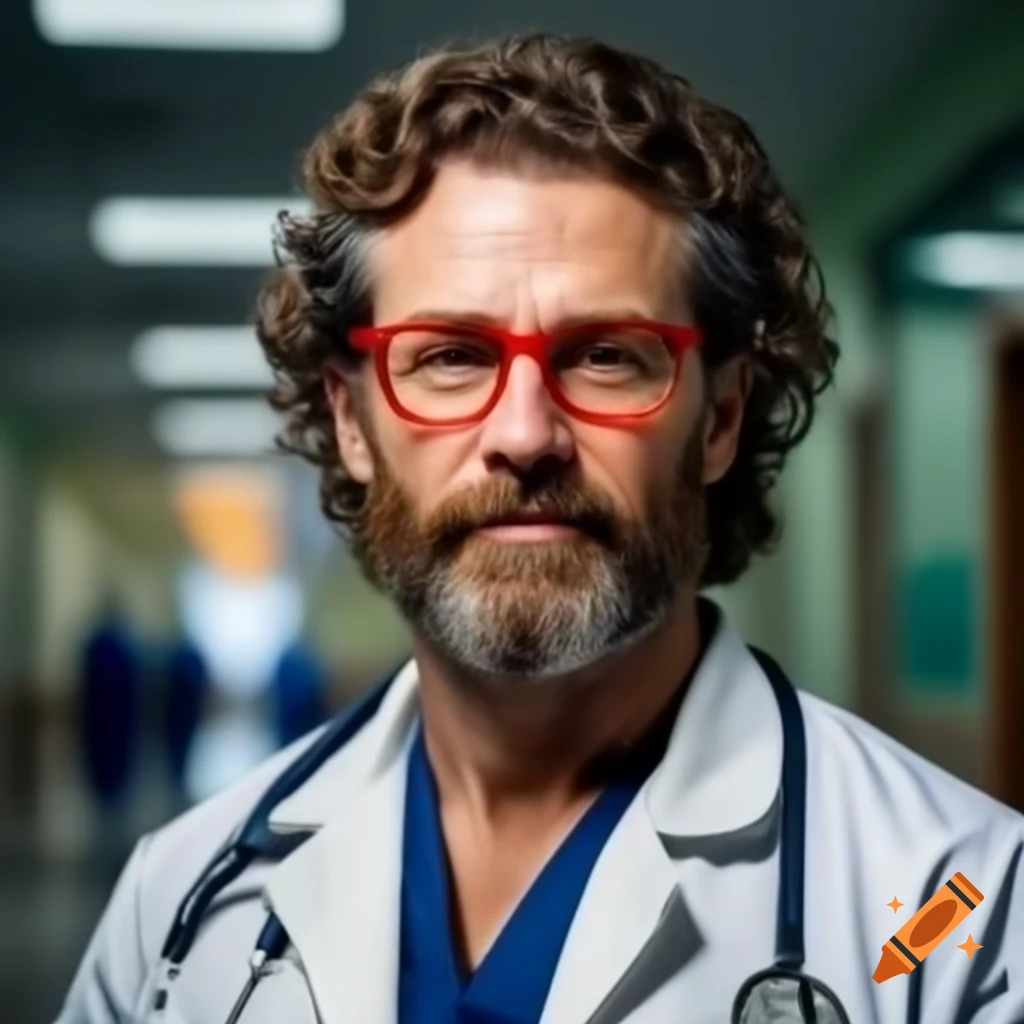 Attractive male medical professional in hospital wearing lab coat and stethoscope