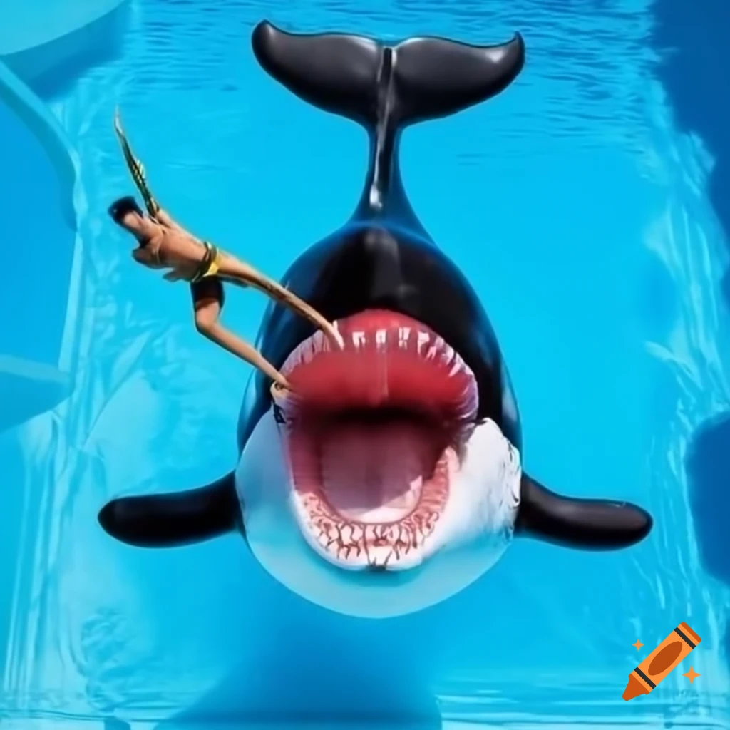 Young man diving into inflatable orca in pool on Craiyon