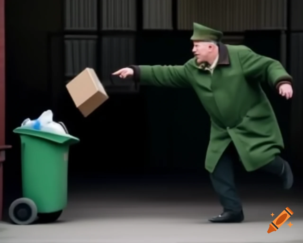 Russian man throwing small box in trash can