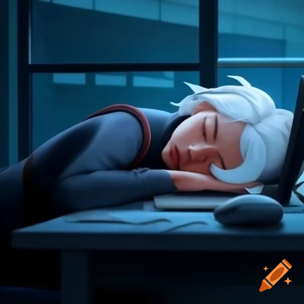 Woman with white hair asleep at her laptop in an office
