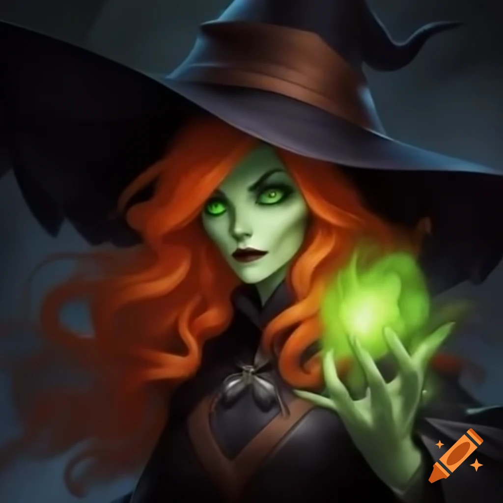 Older witch with orange hair and pointy hat displaying volatile magic