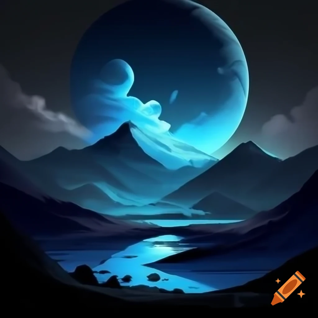 Volcanic landscape in blue, black, and grey under moonlight, graphic novel style