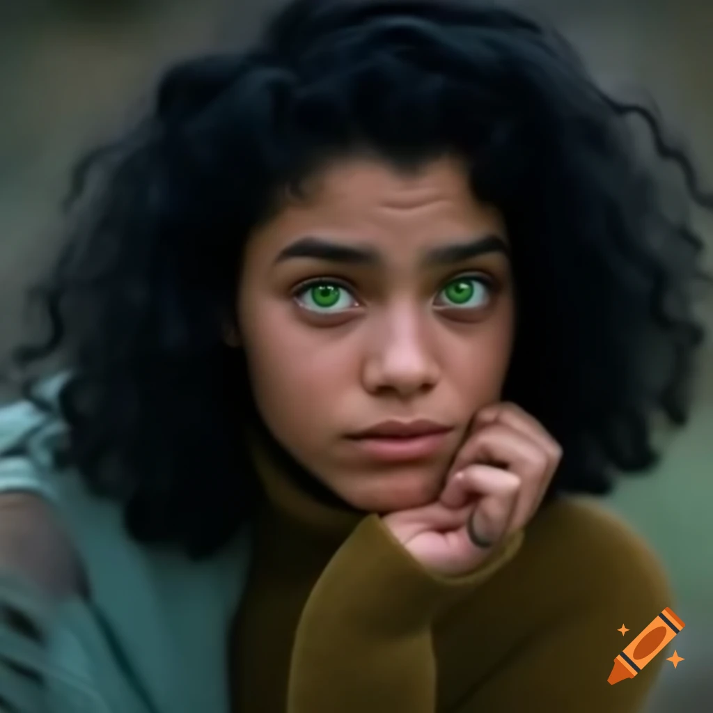 Portrait of a woman in her 30s with curly black hair and green eyes ...