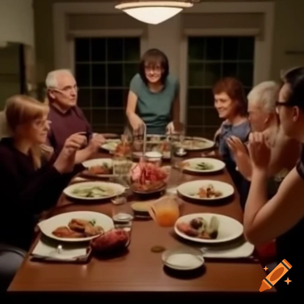 Dinner table with family and friends gathered together