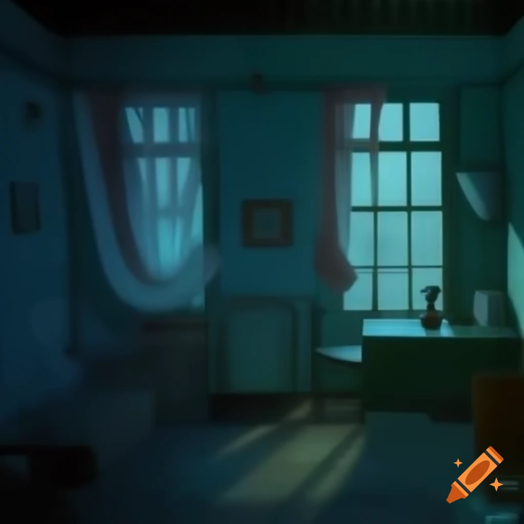 Cozy dimly lit room with vintage decor and rainy street view at night