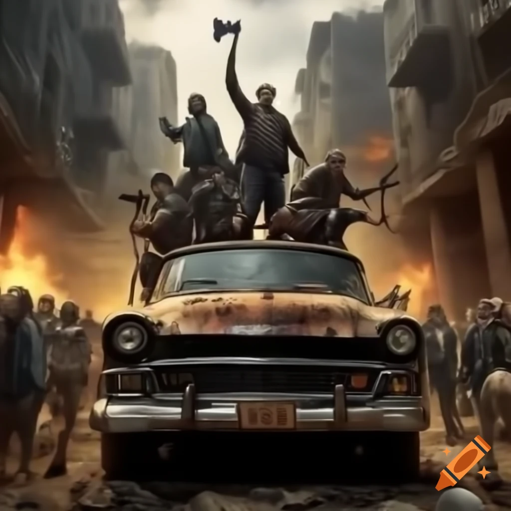 Survivors standing on rusted car in apocalyptic city, armed with axes and swords, surrounded by zombies