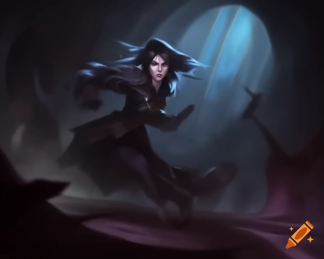Dark fantasy character running in a dungeon, creating wind trails