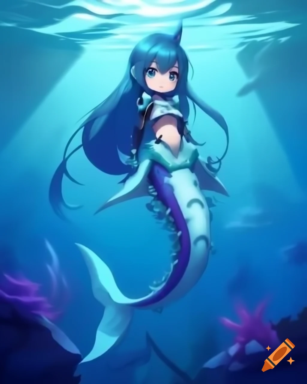 Anime shark-themed cyborg girl mermaid design