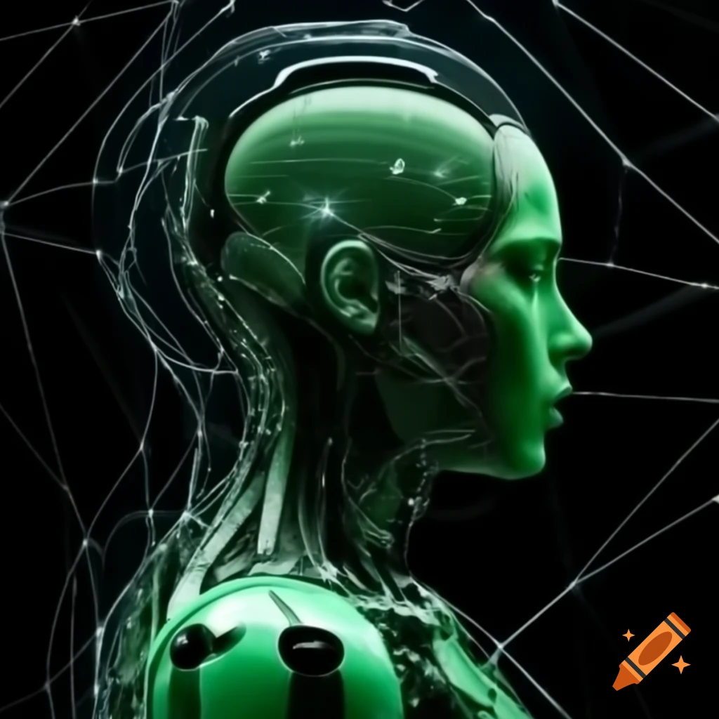 Black and grey wide-angle profile of cyborg human with brain nodes linked to AI generator