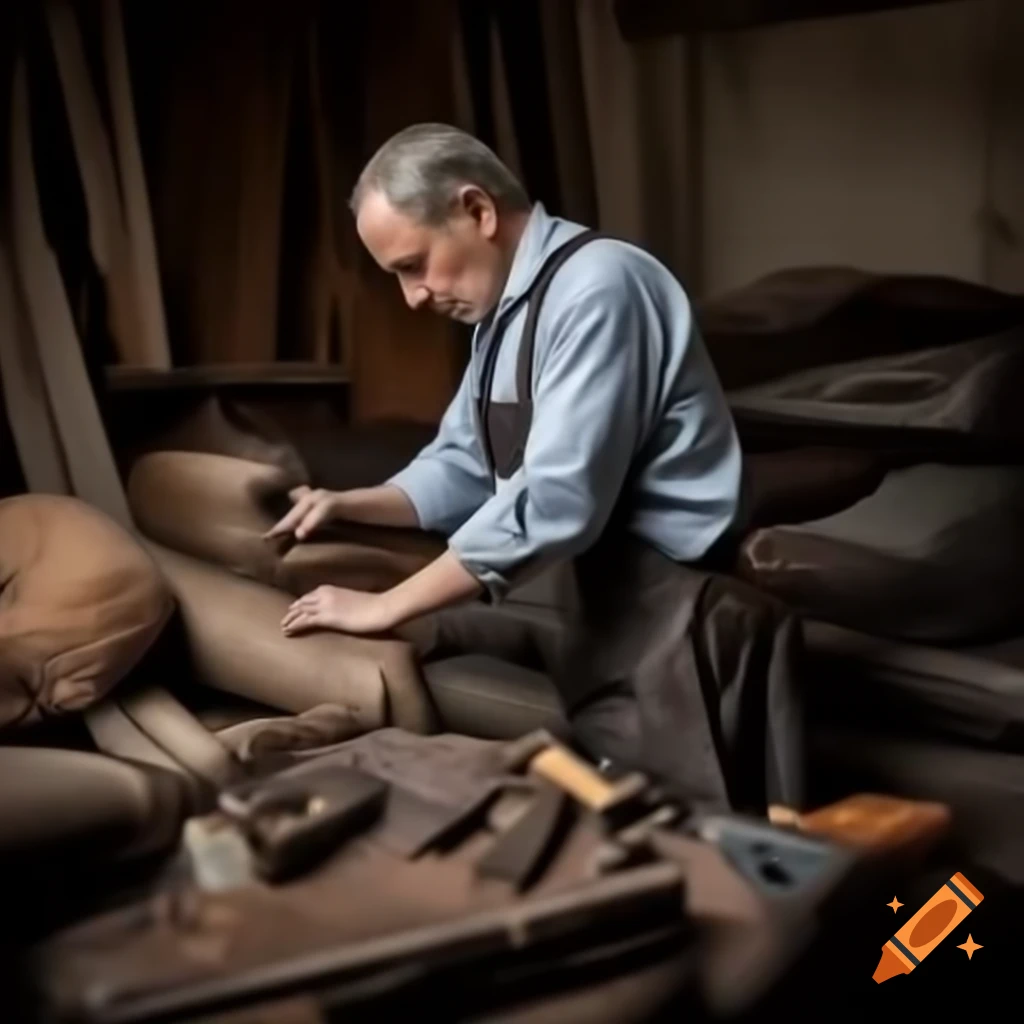 Artisan repairing worn-out sofa with tools, showcasing meticulous craftsmanship