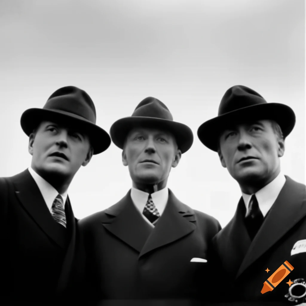 Three Englishmen in stylish attire gazing skyward with expressions of fascination