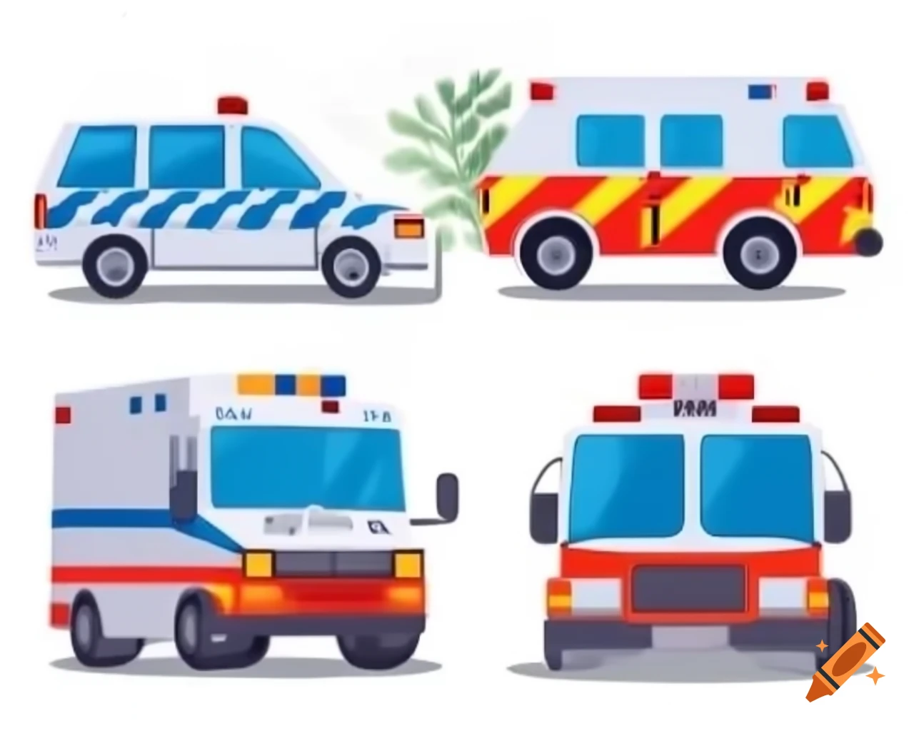 Emergency vehicles including police cars, ambulance, and fire trucks on white background