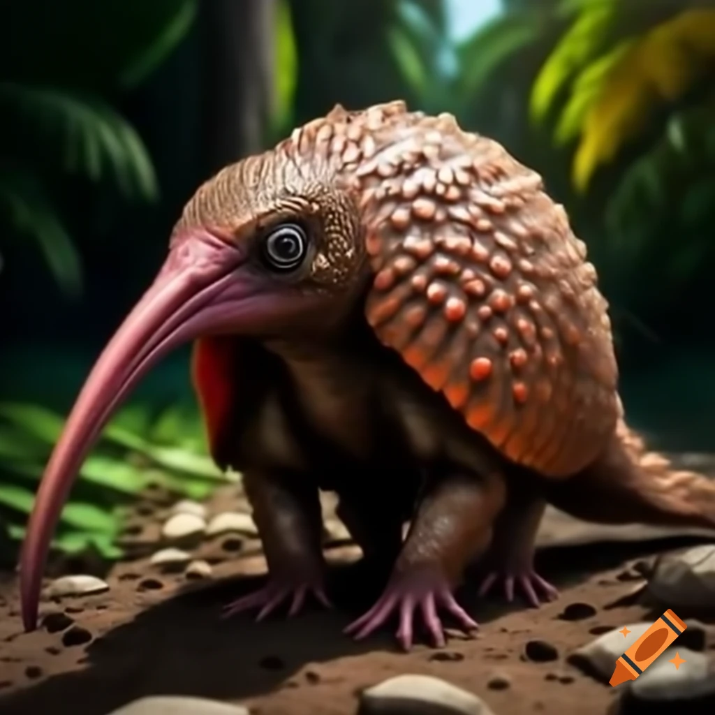Hybrid creature with ibis characteristics and pangolin-like scales