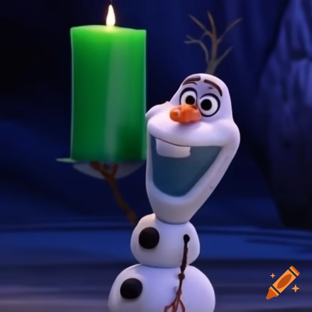 Olaf looking at a giant green candle