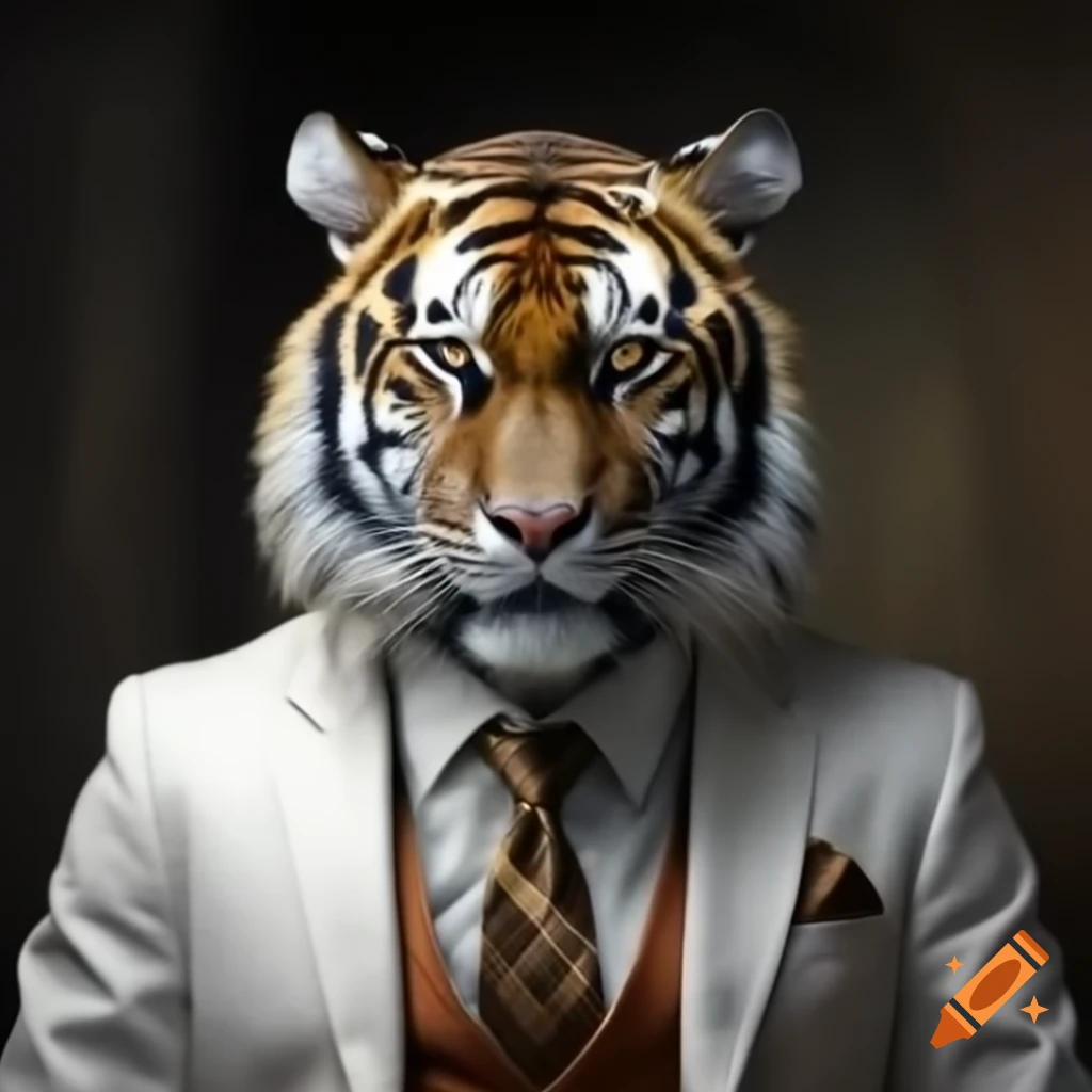 Tiger dressed in a white suit