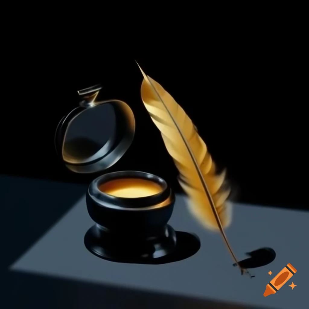 Golden feather in inkwell against black backdrop with light and shadow