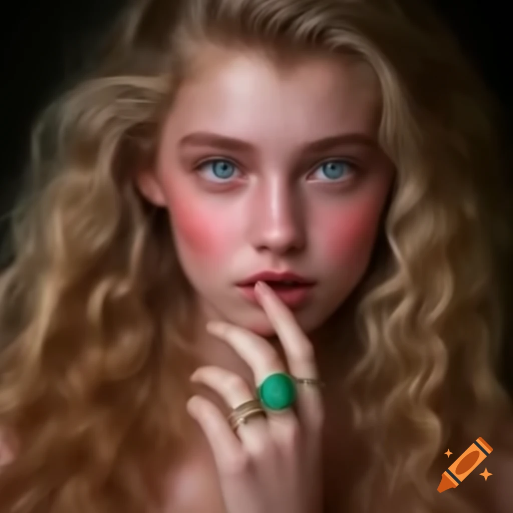 Portrait of a beautiful blonde woman with curly hair and captivating blue-green eyes