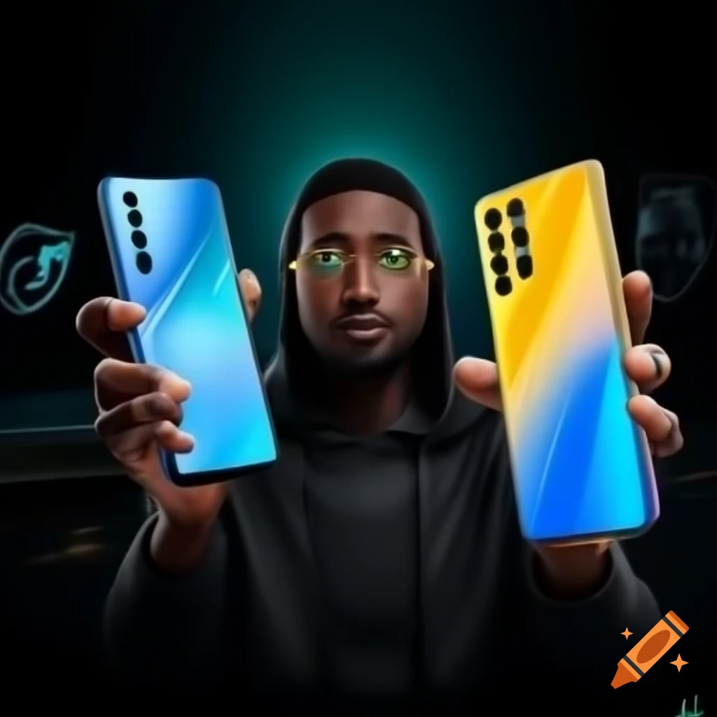 Somali man holding Samsung Galaxy S23 Ultra and Xiaomi Redmi Note 13 Pro Plus, showing surprise and curiosity