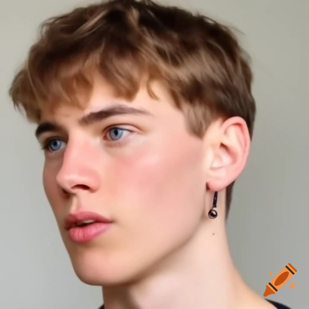 Athletic college student with brown hair and blue eyes, featuring black earrings
