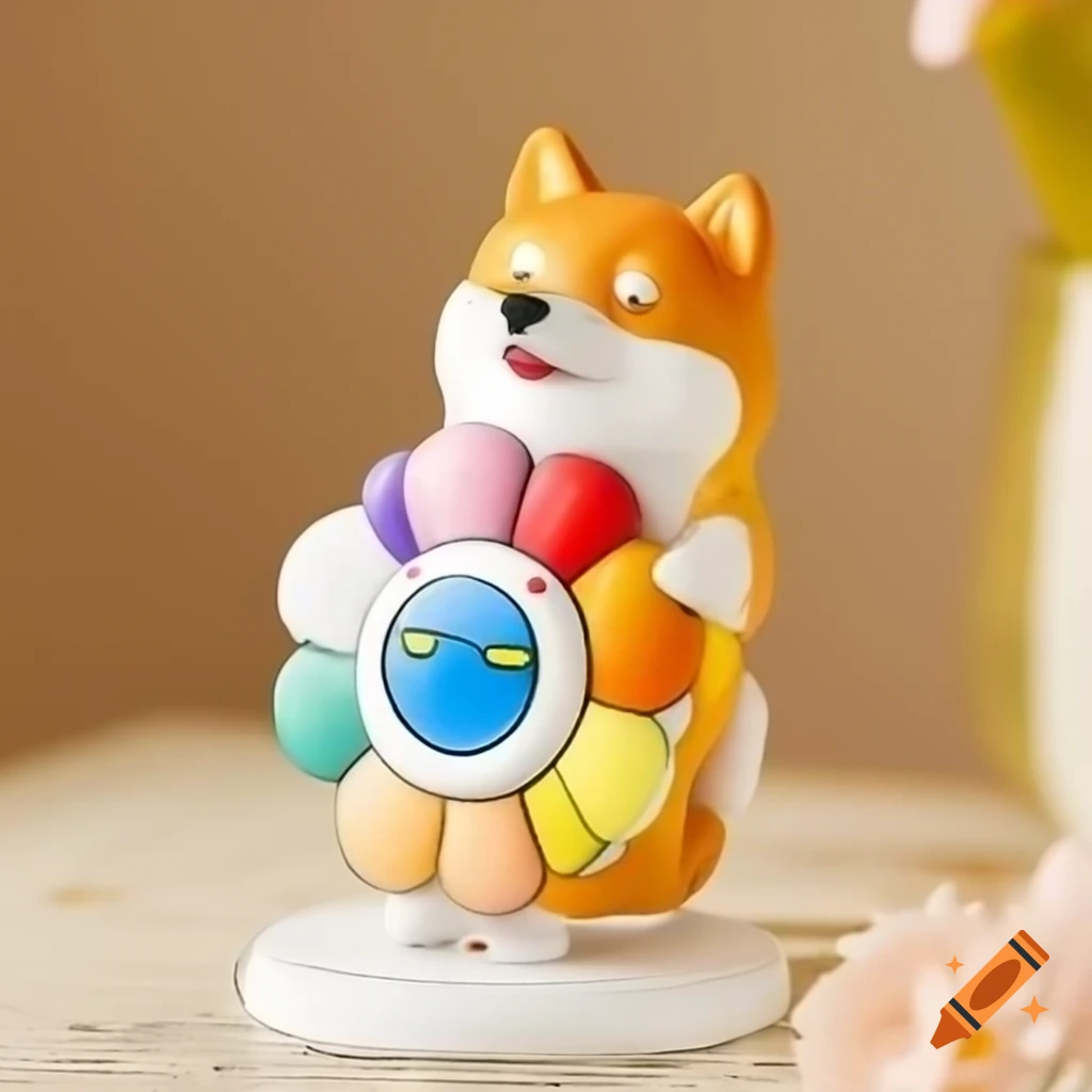 Shiba Inu figurine by Takashi Murakami featuring rainbow smiley flower art