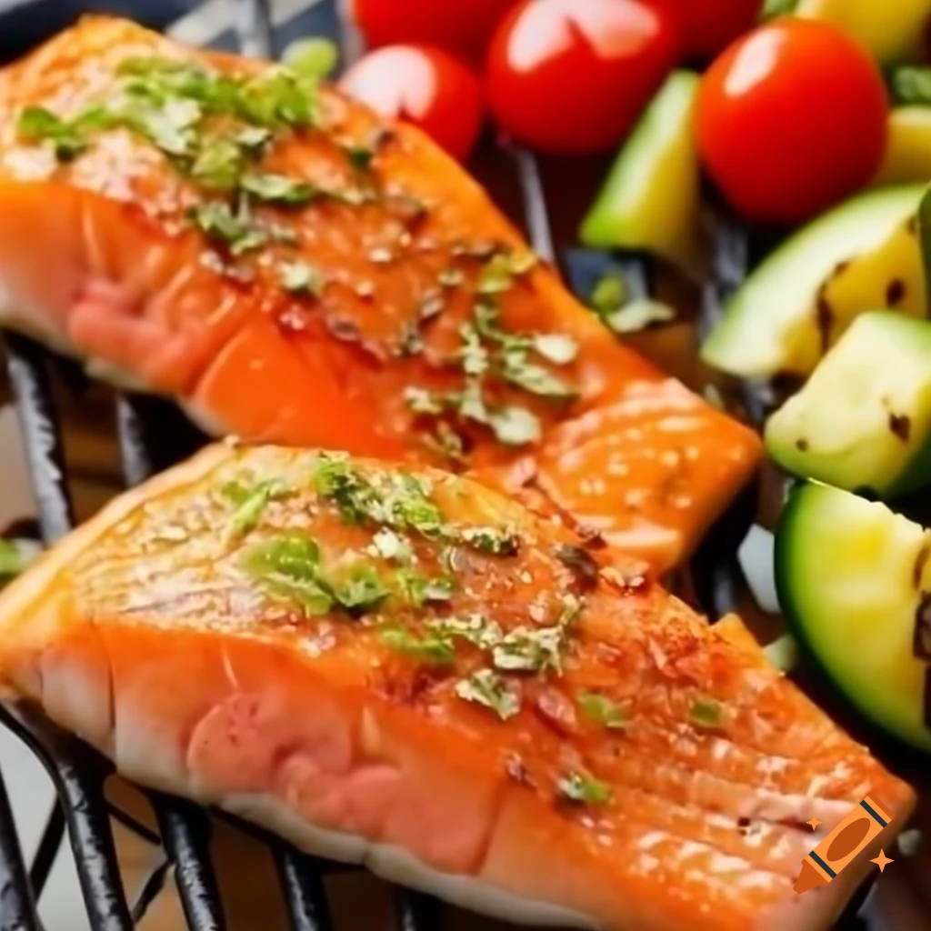 Grilled salmon filet accompanied by grilled vegetables