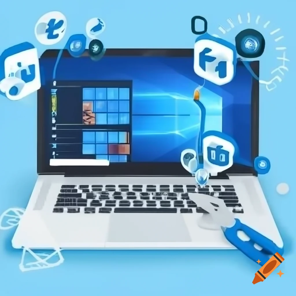 Laptop with Windows interface undergoing repair with icons representing system protection
