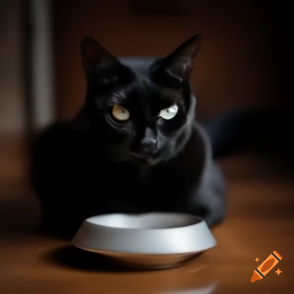 Humorous depiction of a black cat sitting by an empty bowl on Craiyon