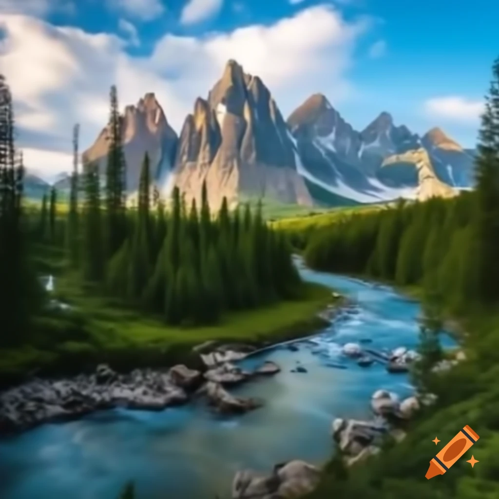 Breathtaking mountain vista with pine forest and serene river on Craiyon