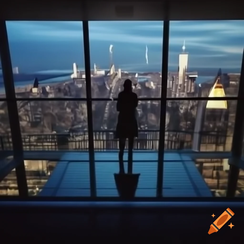 View from high-rise balcony of New York skyline at night