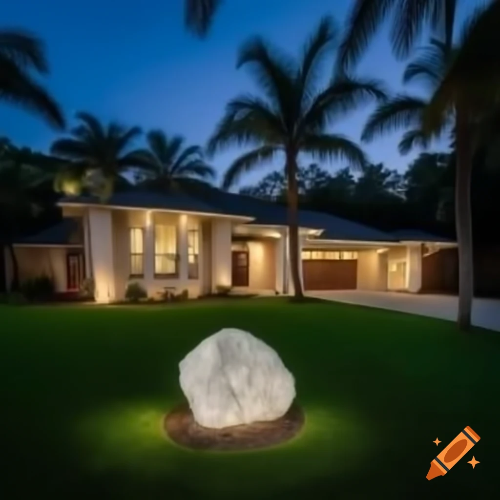 Minimalistic Roman-style house elevation with white textured stone, dim yellow lighting, and palm trees