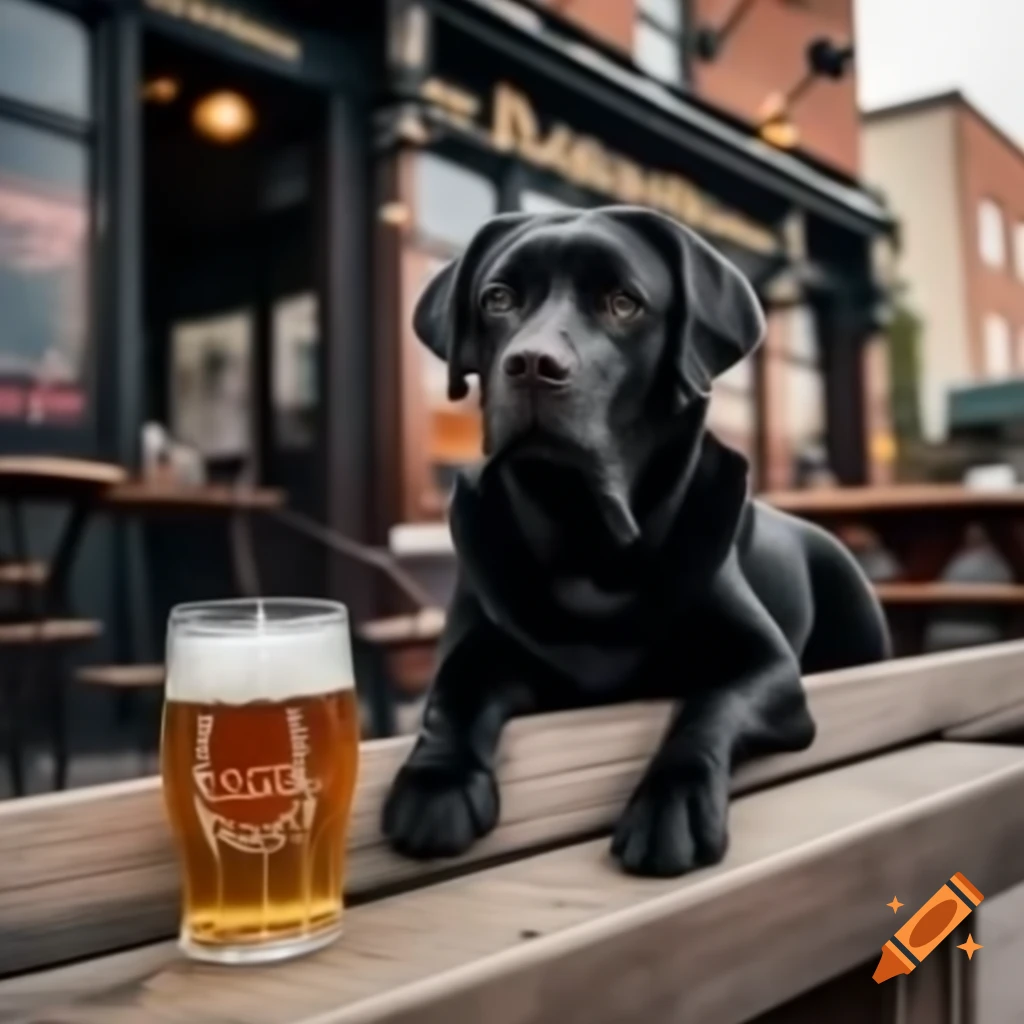 Black Labrador sitting next to pub with pint of beer and sign