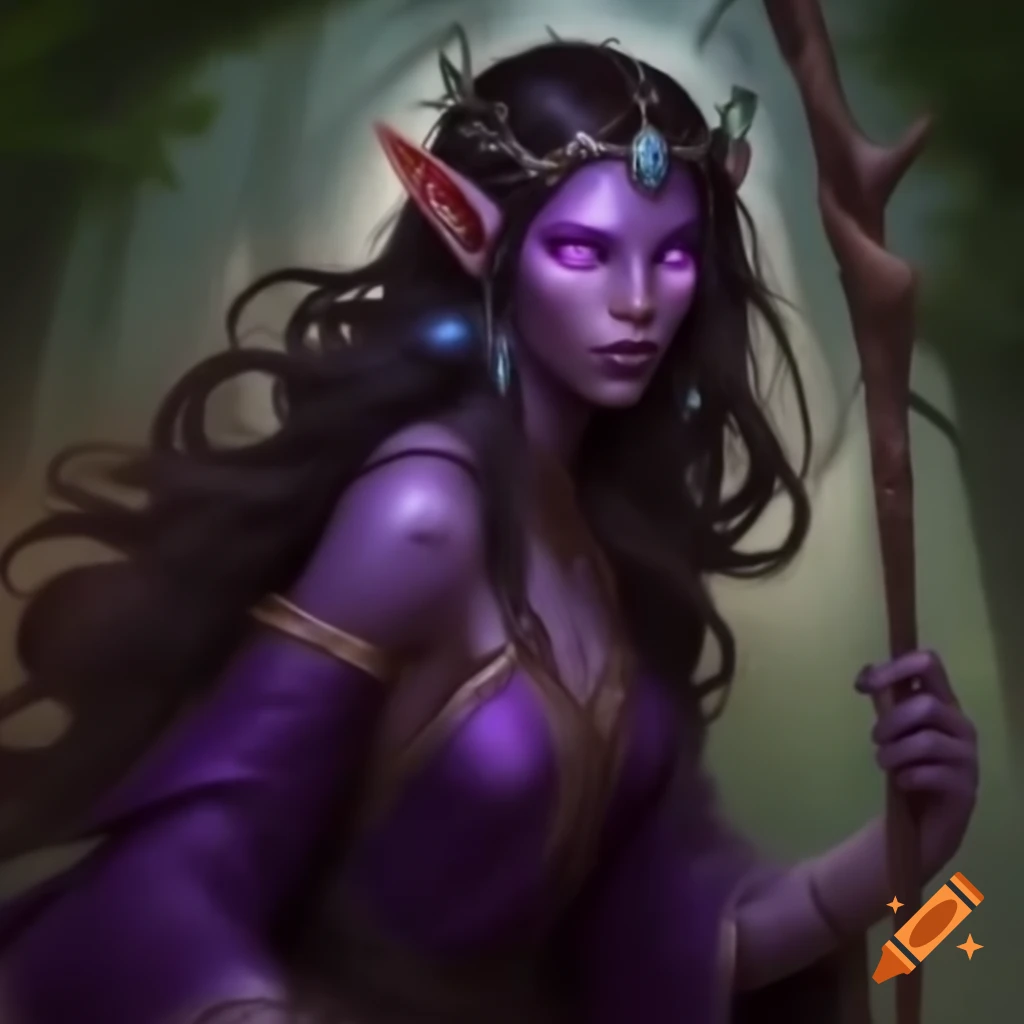 Druid lady in purple robes with tiara of sticks and leaves holding a ...
