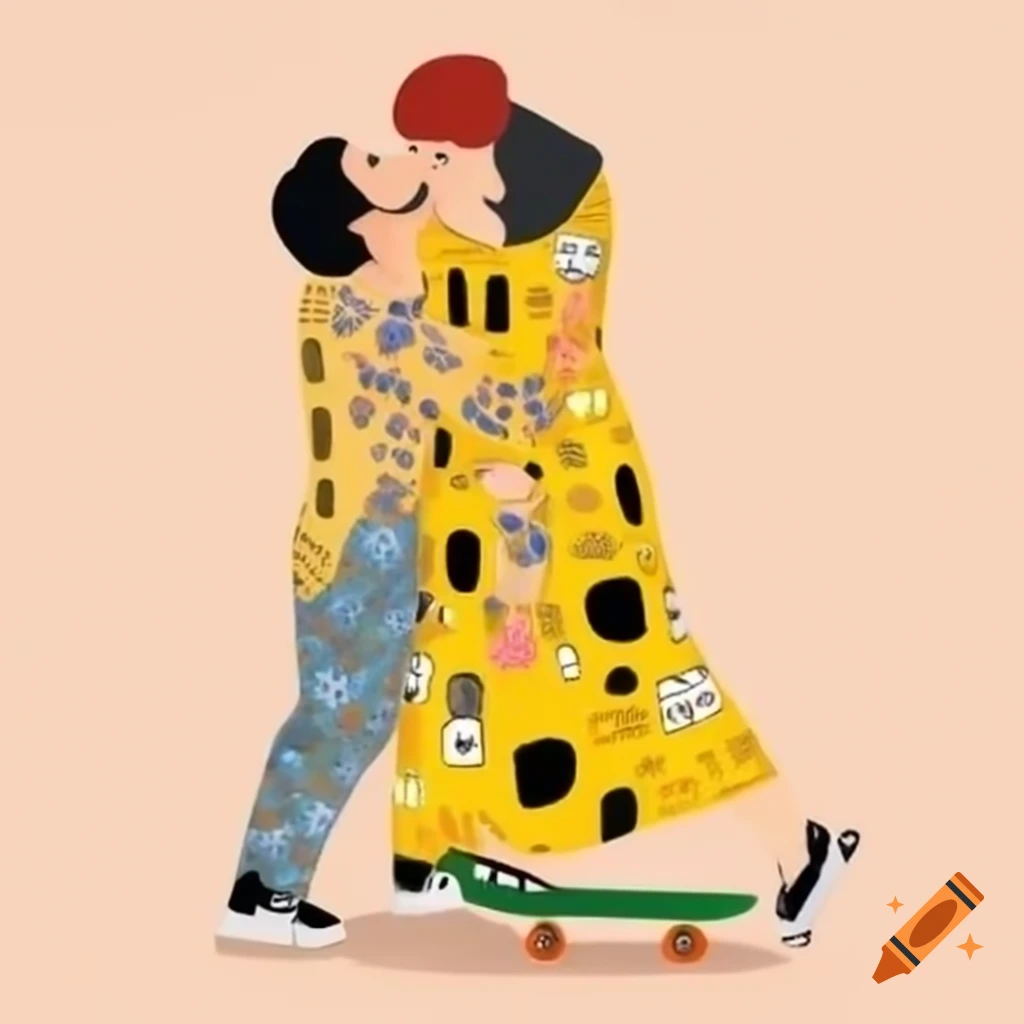 Monalisa kissing skater boyfriend in a modern artistic style