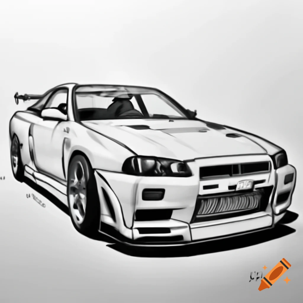 Detailed pencil sketch of a Nissan Skyline R34 showcasing its curves and lines