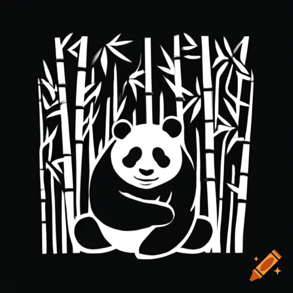 Stylized panda in minimalist bamboo forest, black and white stencil illustration