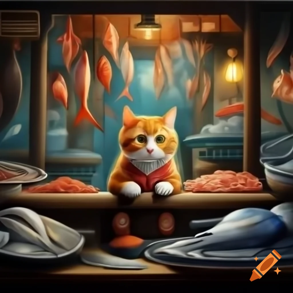 Curious orange tabby cat at bustling traditional fish market surrounded ...