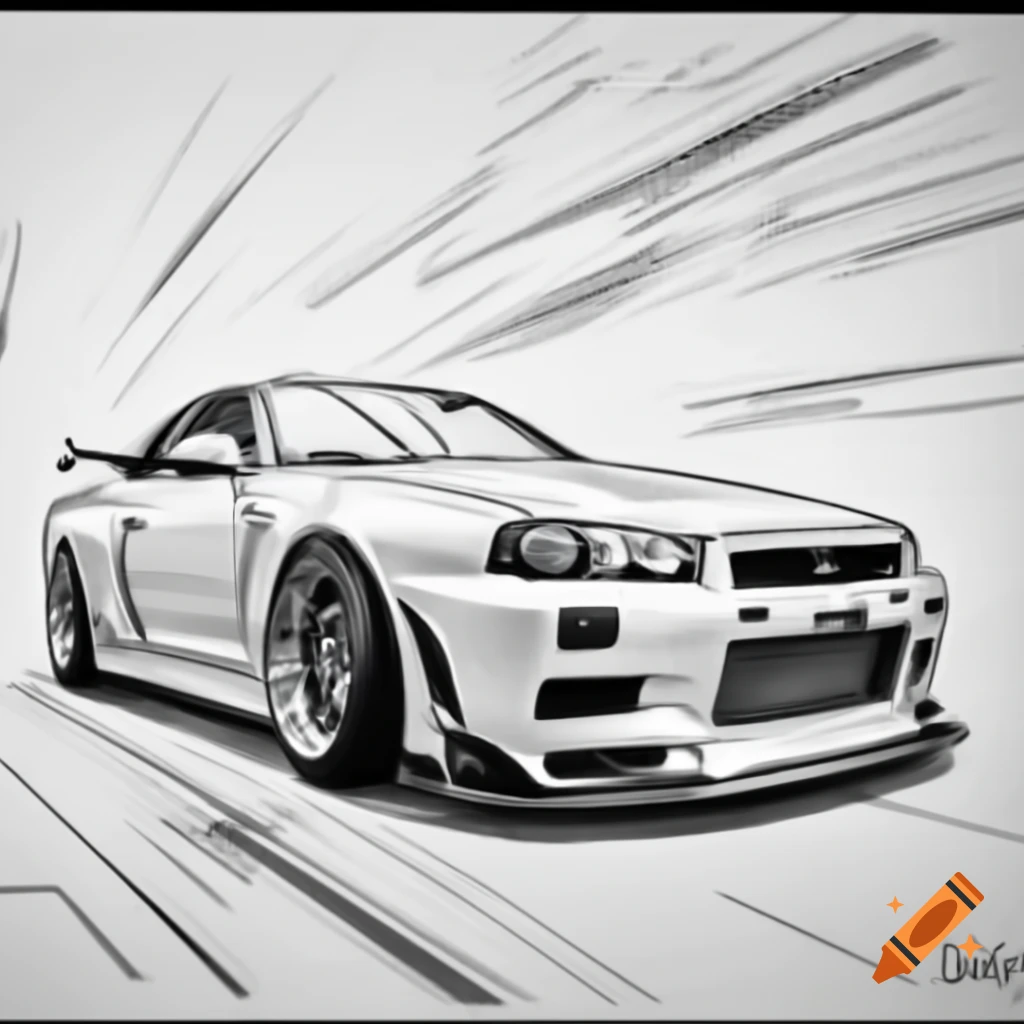 Detailed pencil sketch of a Nissan Skyline R34 showcasing its curves and lines