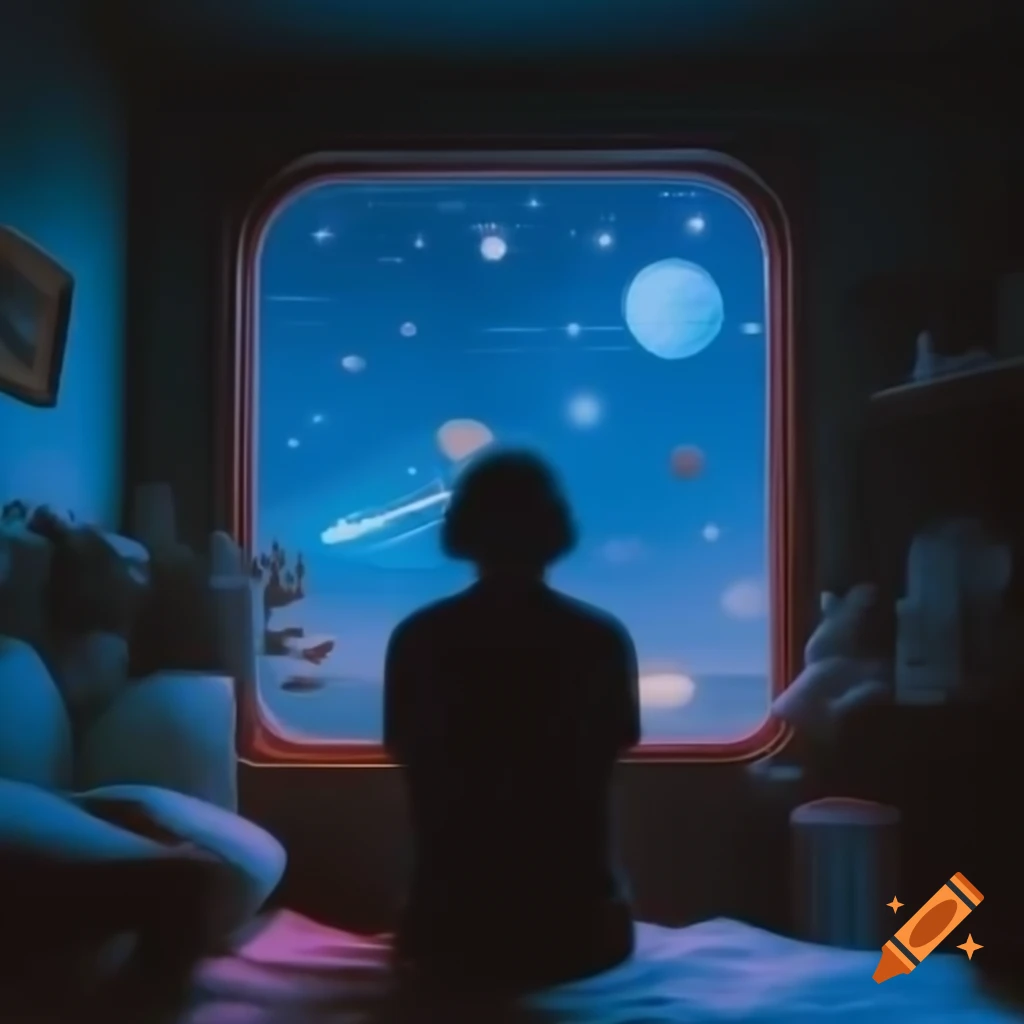 Lofi album cover featuring person in ordinary room with universe view through window