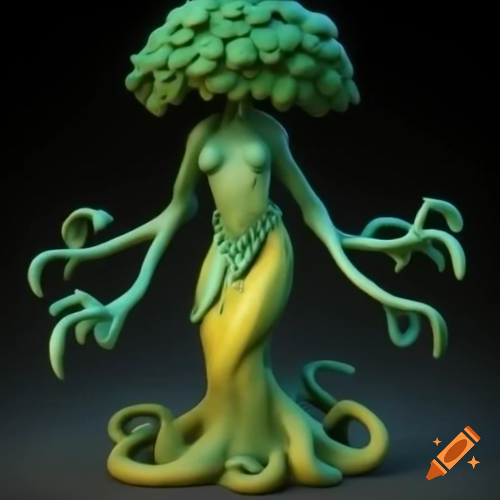 Small female Treant in low poly style with detailed face and shiny eyes in T-pose