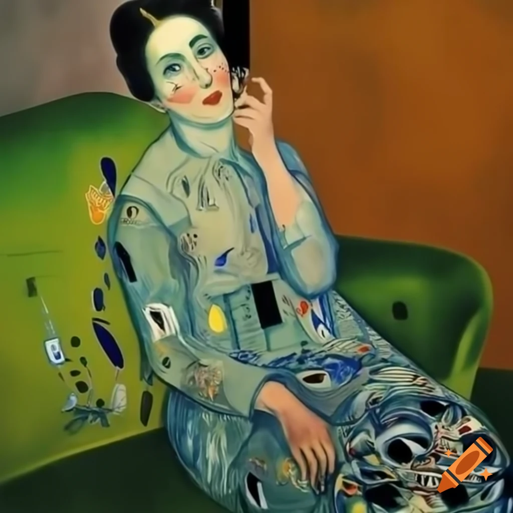 Woman in Chagall and Hopper style on green couch, holding cigarette, evoking nostalgia