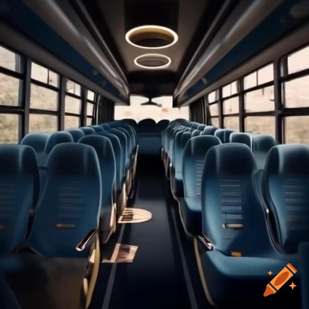 Luxurious bus interior with beige seats and modern LED lights on Craiyon