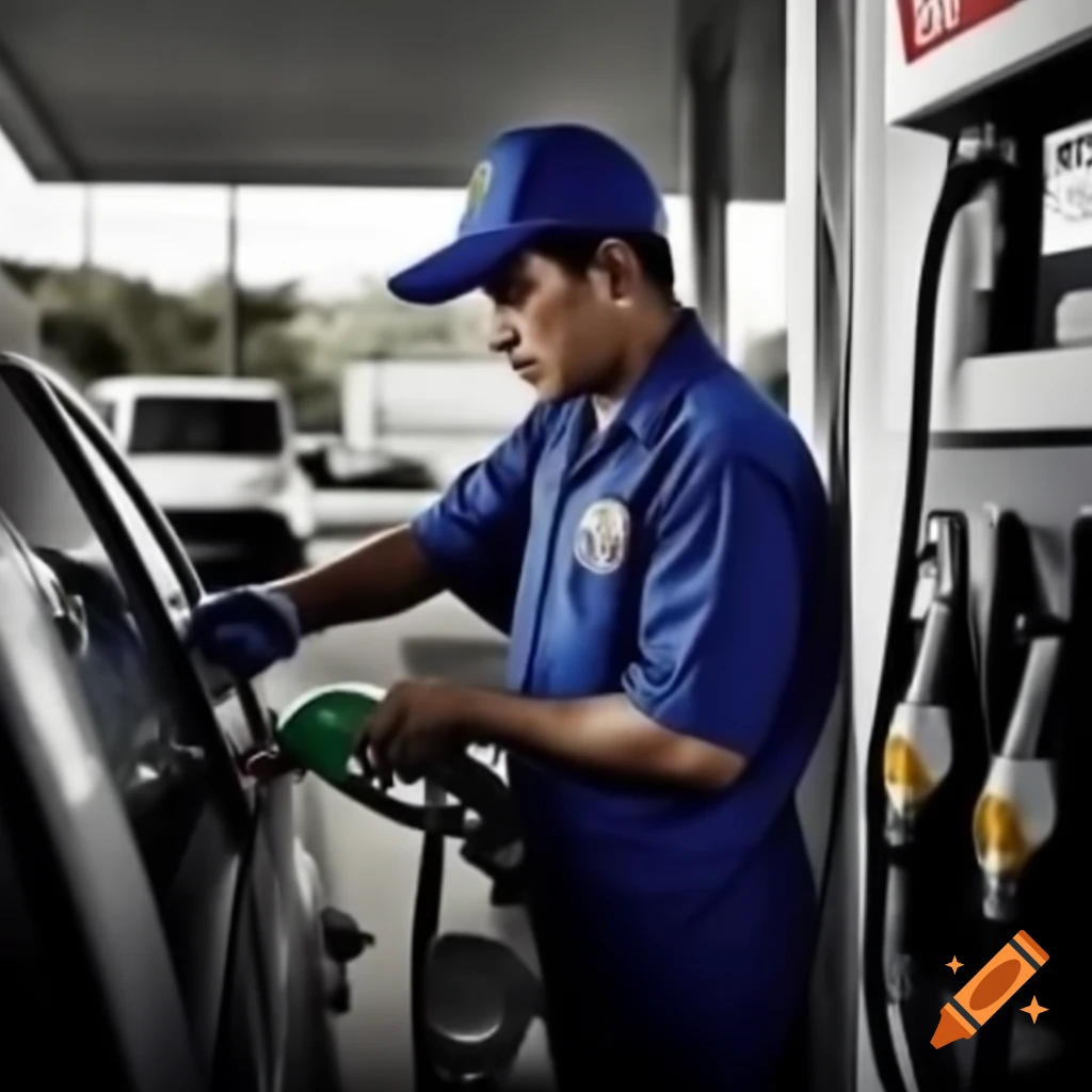 Gas station employees in uniform providing fuel service