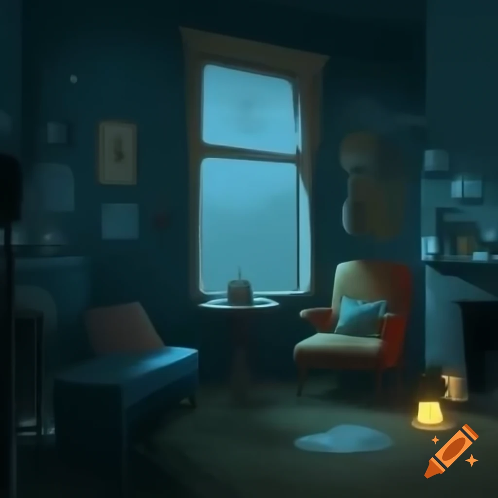 Cozy dimly lit room with vintage decor and rainy street view