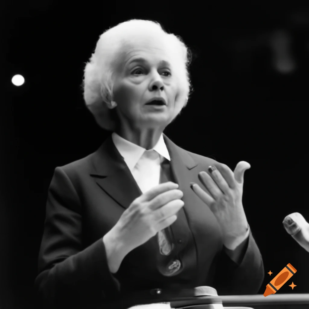 Woman in suit delivering motivational speech on stage