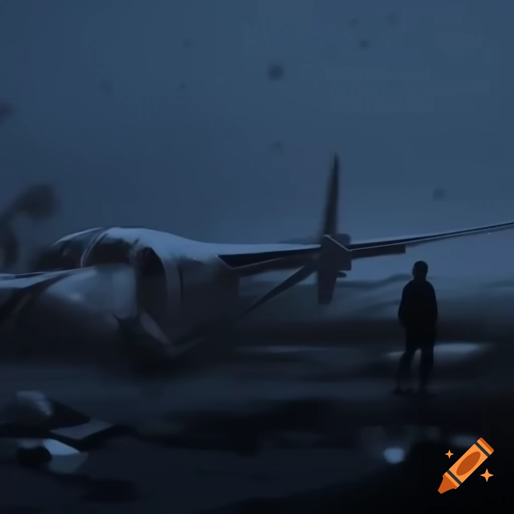 Atmospheric scene of crashed airplane at abandoned airport with fog and debris