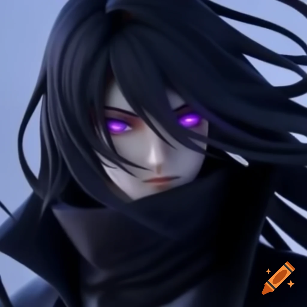 Anime-style figure with long black hair and purple eyes in mysterious ...