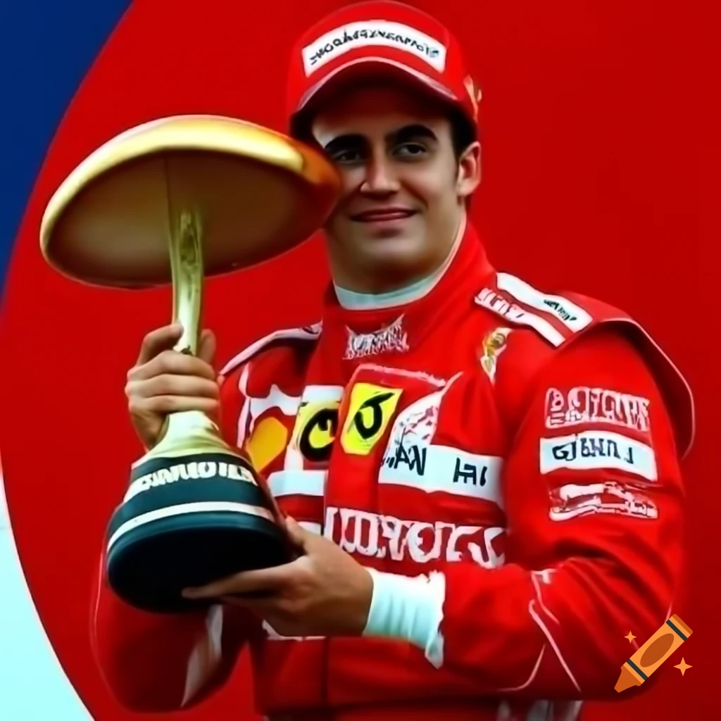 Formula driver in Ferrari helmet holding mushroom-shaped trophy