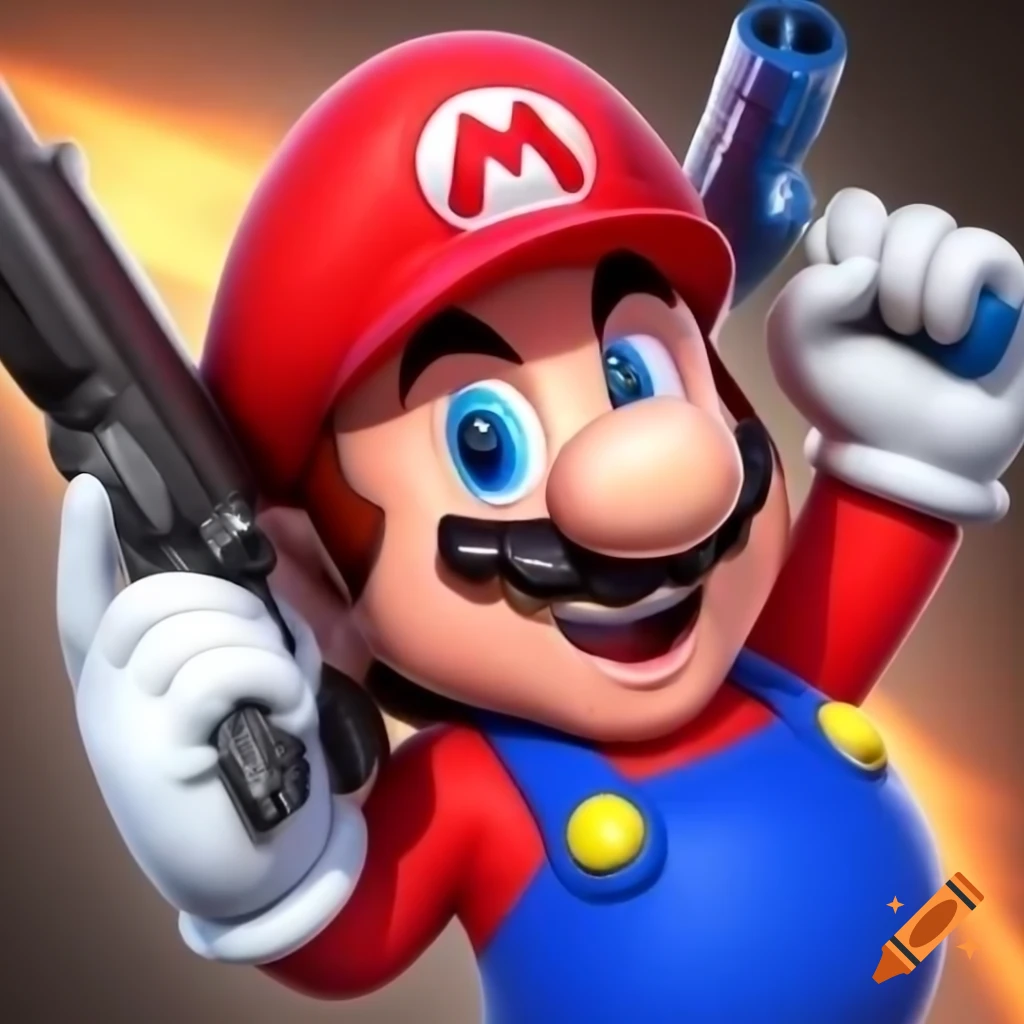 Mario character holding a gun in a game-inspired setting