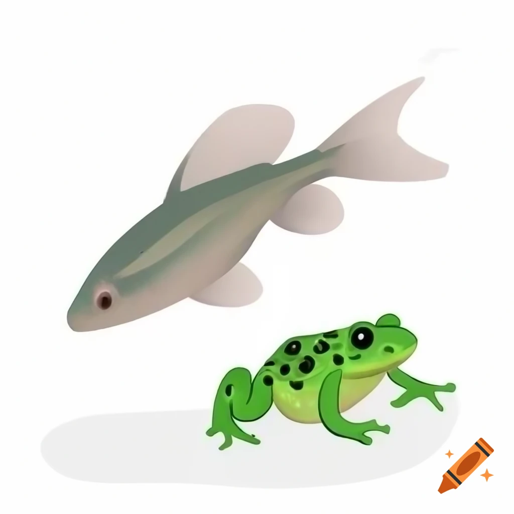 Freshwater fish and frog on white background