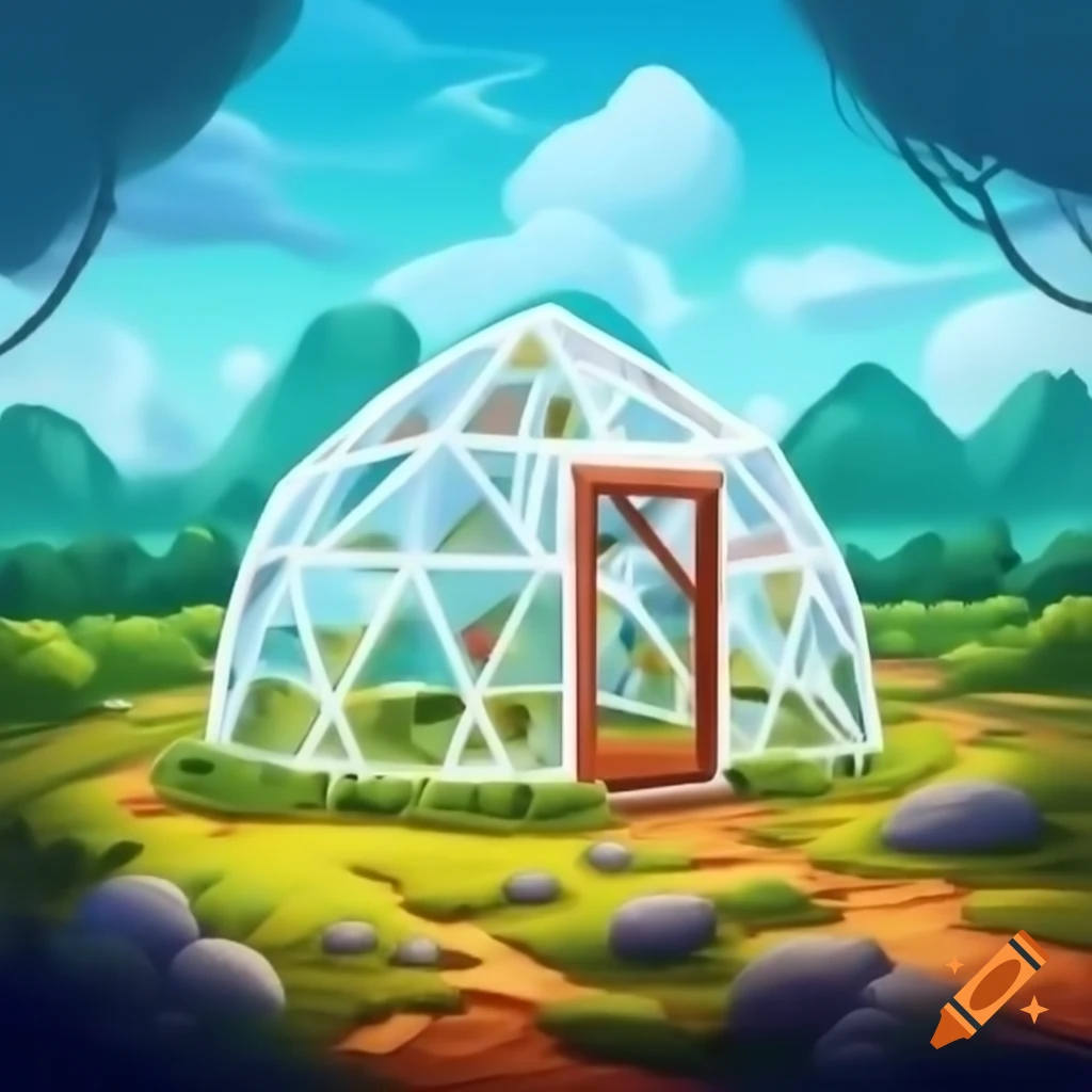 Modern geodesic greenhouse in a field near an epic cave on Craiyon